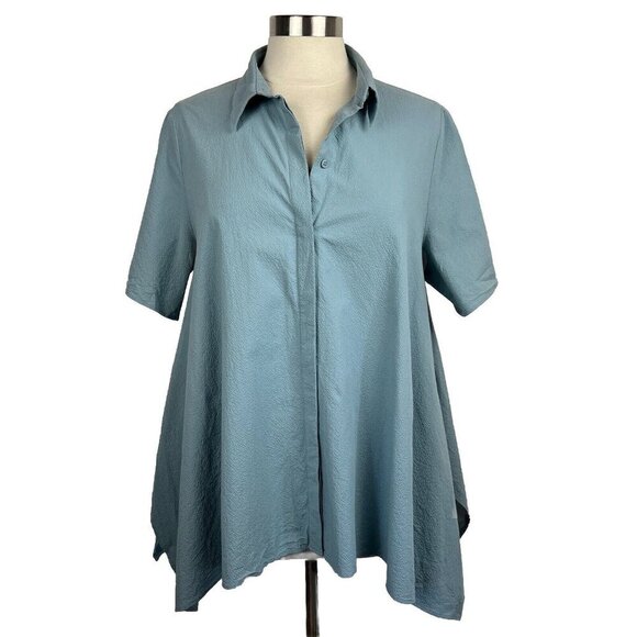 COS Organic Cotton Cut Drape Shirt 14 Womens Blue Button Front Short Sleeve - Picture 1 of 8